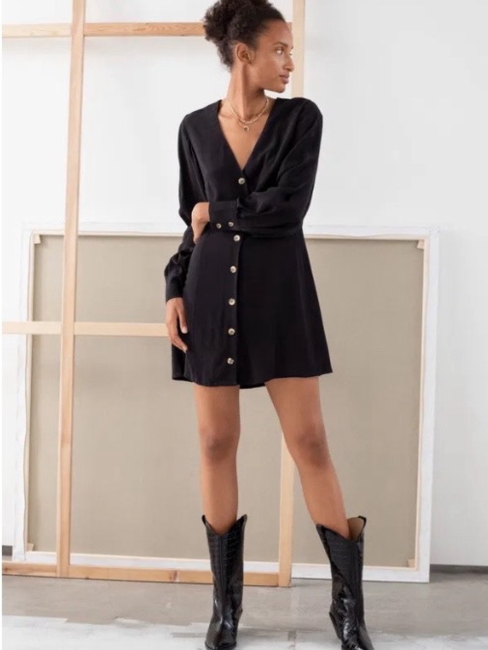 & Other Stories Black Flowy Long Sleeve Shirtdress Size 8 Mini Boho Minimalist